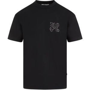 Palm Angels, Tops, Heren, Zwart, XL, Katoen, Zwarte Monogram Studs Klassiek T-shirt