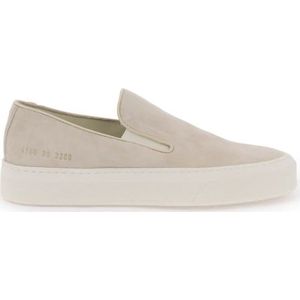 Common Projects, Schoenen, Dames, Beige, 40 EU, Suède, Suede Slip-On Sneakers met Nummer Print