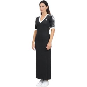 Adidas Originals, Kleedjes, Dames, Zwart, S, Katoen, Zwarte Gebreide V-Hals Maxi Jurk Vrouwen