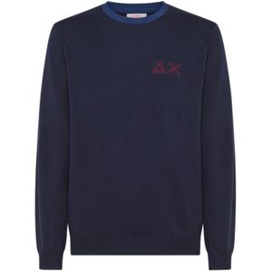 Sun68, Sweatshirts & Hoodies, Heren, Blauw, 2Xl, Katoen, Blauwe Sweaters met Contrasterende Bordeaux Details