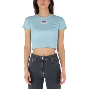 Moschino, Logo Patch Crop Top in Viscose Blauw, Dames, Maat:M