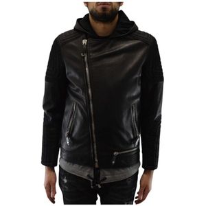 Philipp Plein, Zwarte Leren Perfecto Jas met Rits en Capuchon Zwart, Heren, Maat:M