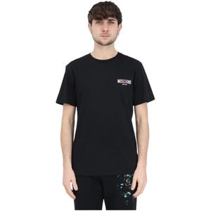 Moschino, Zwarte Regenboog Logo T-shirt voor Heren Zwart, Heren, Maat:L