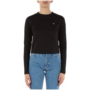 Calvin Klein Jeans, Tops, Dames, Zwart, M, Katoen, T-shirt met Lange Mouwen en Logo Patch