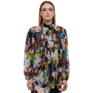 Dolce & Gabbana, Blouses & Shirts, Dames, Veelkleurig, XS, Florale Zijden Overhemd met Strik Detail