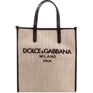 Dolce & Gabbana, Tassen, Heren, Beige, ONE Size, Linnen, Logo Geborduurde Canvas en Linnen Handtas