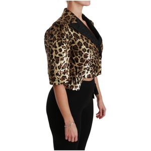 Dolce & Gabbana, Jassen, Dames, Geel, L, Polyester, Luxe Luipaardprint Korte Mouw Blazer Jas