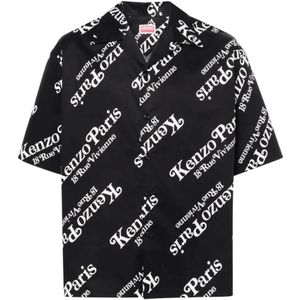 Kenzo, Overhemden, Heren, Zwart, M, Katoen, Zwarte Katoenen Shirt met Logo Print