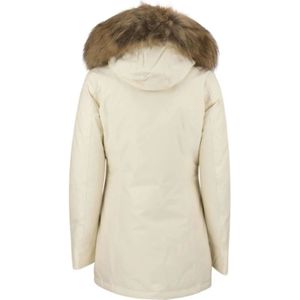 Woolrich, Jassen, Dames, Beige, M, Katoen, Beige Woolrich Jas met Afneembare Bontcapuchon