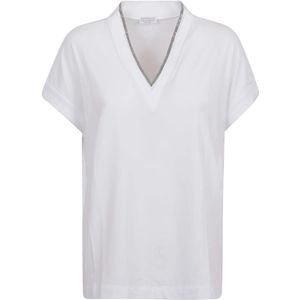 Brunello Cucinelli, Tops, Dames, Wit, M, Katoen, Witte T-shirts en Polos V-hals