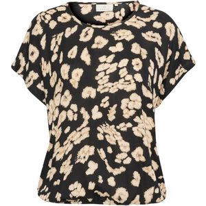 Kaffe, Tops, Dames, Zwart, S, Leo Print Blouse Korte Mouw Ronde Hals