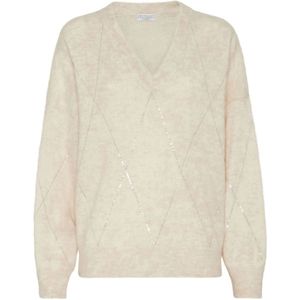 Brunello Cucinelli, Truien, Dames, Beige, M, Pailletten, Diamantpatroon V-hals gebreide kleding