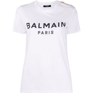 Balmain, Tops, Dames, Wit, L, Katoen, Logo T-shirt