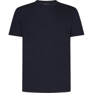 Tom Ford, Tops, Heren, Blauw, XL, Katoen, Blauwe Geribbelde Crewneck T-shirts en Polos