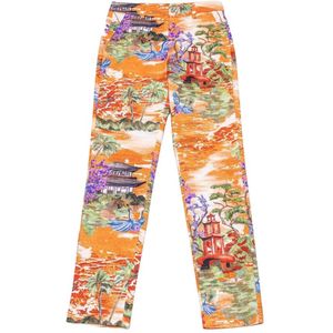 Stella Jean, Slanke broek fit canvas met Chinese print Oranje, Dames, Maat:L