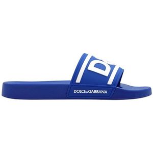 Dolce & Gabbana, Schoenen, Heren, Blauw, 40 EU, Rubberen Slippers met Logo en Geribbelde Kraag