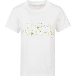 Stella McCartney, Tops, Dames, Wit, XS, Katoen, Logo Print Wit Katoenen T-shirt met Bloemenborduursel