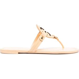 Tory Burch, Grijze Leren Slippers met Tonal Logo Grijs, Dames, Maat:36 EU