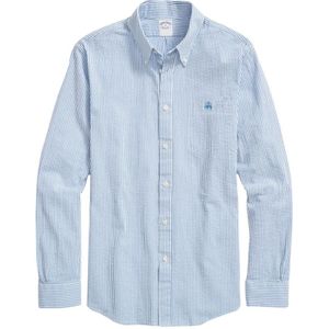 Brooks Brothers, Overhemden, Heren, Blauw, S, Katoen, Blauw Gestreept Regular Fit Katoenen Seersucker Overhemd met Button Down Kraag