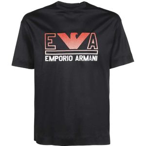 Emporio Armani, Tops, Heren, Zwart, M, Katoen, Navyblauw T-shirt met korte mouwen van jersey met maxi logo belettering en rood oranje adelaarslogo