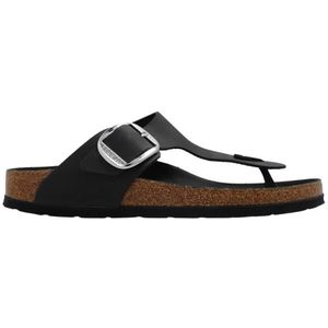 Birkenstock, Schoenen, Dames, Zwart, 41 EU, Leer, Zwarte Gizeh Big Buckle Slides