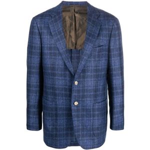 Kiton, Jassen, Heren, Blauw, L, Kasjmier, Blauwe Kasjmier Ruitjes Blazer