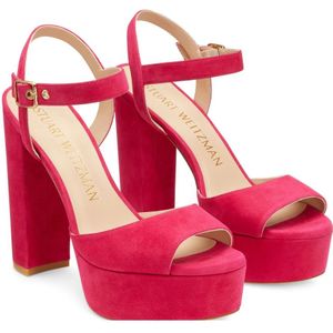 Stuart Weitzman, Schoenen, Dames, Roze, 39 1/2 EU, Suède, Diamanten Gesp Plateau Sandaal