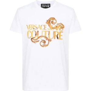 Versace Jeans Couture, Tops, Heren, Wit, XS, Katoen, Wit Barok Gouden Logo T-shirt