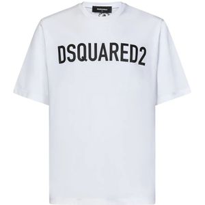 Dsquared2, Tops, Heren, Wit, L, Katoen, Wit Logo Loose Fit T-shirt