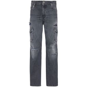 Balmain, Jeans, Heren, Grijs, W28, Katoen, Cargo broek met versleten effect