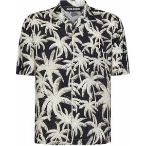 Palm Angels, Overhemden, Heren, Veelkleurig, M, Zwarte Palm Print Korte Mouw Overhemd