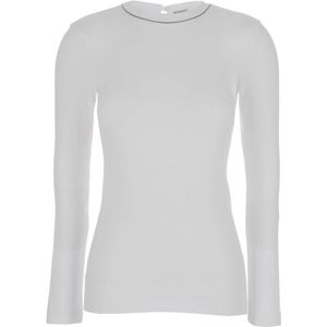 Brunello Cucinelli, Tops, Dames, Wit, M, Katoen, Ribgebreide Lange Mouwen T-shirt Wit