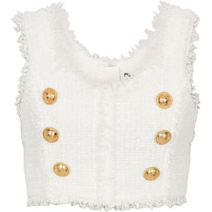Balmain, Tops, Dames, Wit, 2Xs, Tweed, Mouwloze Tweed Crop Top met Gouden Details