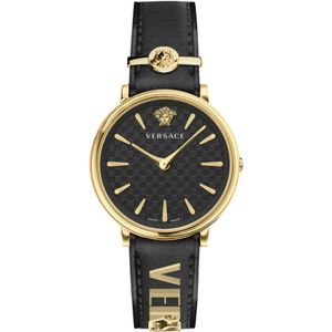 Versace, Accessoires, Dames, Zwart, ONE Size, V-Circle Leren Horloge Zwart Goud