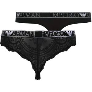 Emporio Armani, 2-Pack Katoenen Strings met Elastische Logoband en Kantdetails Zwart, Dames, Maat:L
