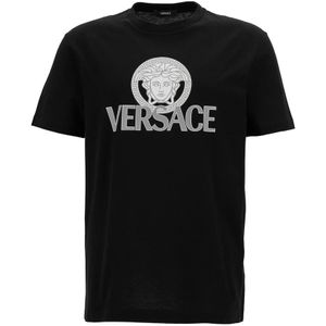 Versace, Tops, Heren, Zwart, S, Katoen, Zwart T-shirt met Logo Print
