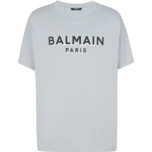 Balmain, Tops, Heren, Grijs, XS, Katoen, Logo Print Jersey T-Shirt