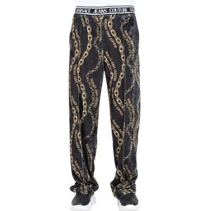 Versace Jeans Couture, Broeken, Heren, Veelkleurig, M, Zwarte Fluwelen Sportbroek met Chromo Couture Print