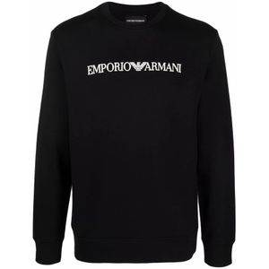 Emporio Armani, Sweatshirts & Hoodies, Heren, Zwart, XL, Katoen, Zwart Logo-Print Crew-Neck Sweatshirt