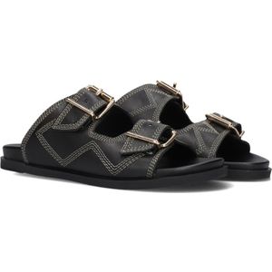 Lina Locchi, Schoenen, Dames, Zwart, 42 EU, Zwarte Leren 2 Band Slipper met Stiksels