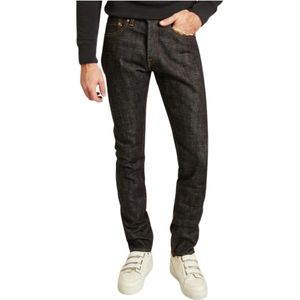 Momotaro Jeans, Hoge taps toelopende jeans in indigo Zwart, Heren, Maat:W30
