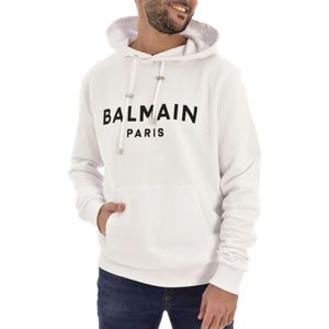 Balmain, Sweatshirts & Hoodies, Heren, Wit, S, Logo-Print Hoodie - Stijlvol en Comfortabel