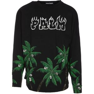 Palm Angels, Sweatshirts & Hoodies, Heren, Zwart, L, Zwart Streetwear Sweatshirt met Palmamp;Skull Print