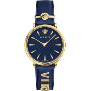 Versace, Accessoires, Dames, Blauw, ONE Size, V Circle Blauw/Goud Leren Horloge