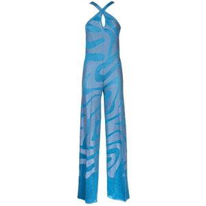 Circus Hotel, Lurex Wijde Pijpen Jumpsuit met V-hals Blauw, Dames, Maat:S