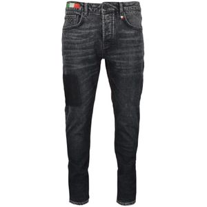 Carlo Colucci, Jeans, Heren, Zwart, W32, Katoen, Destroyed Slim-Fit Jeans met Omslagzoom