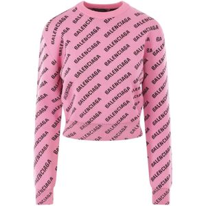 Balenciaga, Truien, Dames, Roze, M, Katoen, Roze Logo Jacquard Cropped Sweater