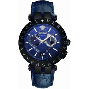 Versace, Nieuw V-Race Dual Time Leren Horloge Blauw, Heren, Maat:ONE Size