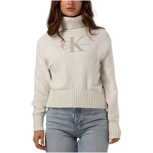 Calvin Klein, Truien, Dames, Wit, S, Chenille Monologo Sweater