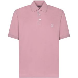 Brunello Cucinelli, Tops, Heren, Roze, S, Katoen, Roze Polo Shirt Korte Mouw Geborduurd